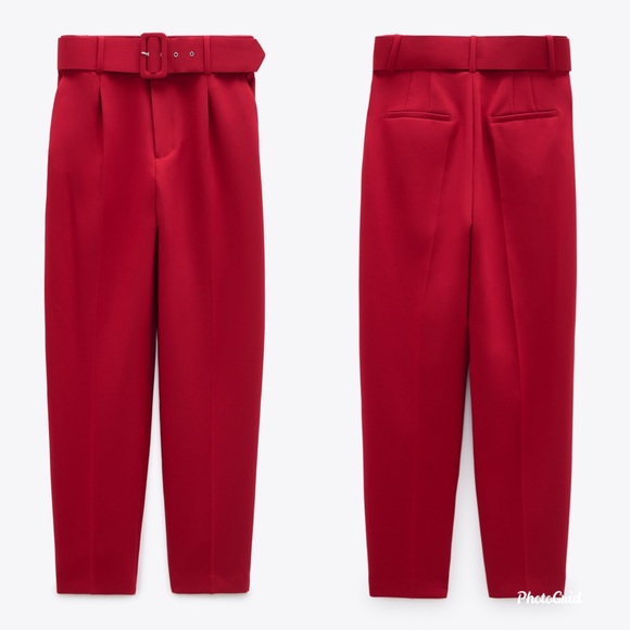 NWT ZARA BELTED HIGH WAISTED PANTS RED - Picture 12 of 16